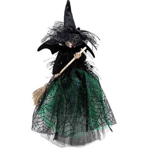 Décoration d'Halloween : Poupée sorcière de dessin animé, décoration de sapin de Noël, poupée sorcière de bureau-28.5x21cm-Green (1/3)