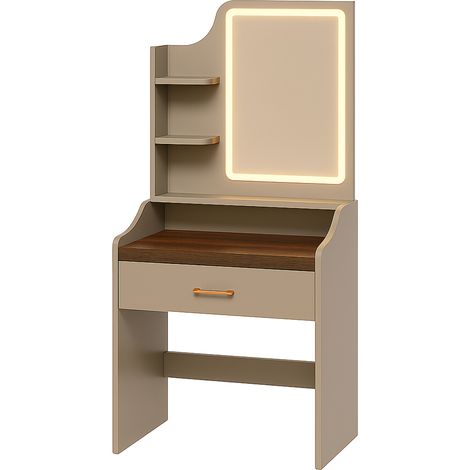 Aphrodite - Schminktisch mit LED-Licht, Schublade, 3 Ablagen und Steckdosen, Makeup-Station aus taupefarbenem Holz
