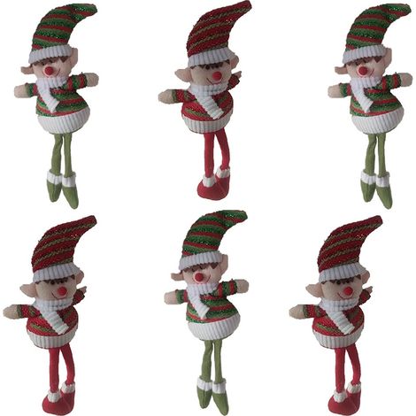 Elfo gnomo giullare rosso bianco gambe pensolanti h29 decorazioni di natale pupazzo set da 6 pezzi in tessuto (1/5)
