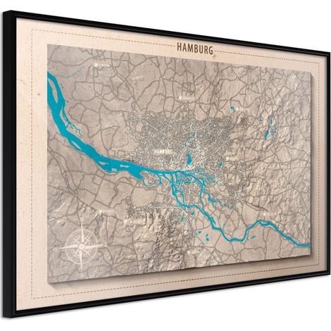Affiche Murale Encadrée "Raised Relief Map Hamburg" 60 x 40 cm Noir
