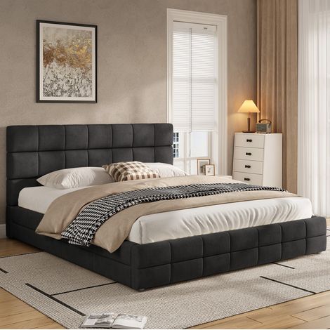 Cama matrimonio 180x200 cm con cabecero y somier de lamas, sin colchón, tapizada en terciopelo negro (1/5)