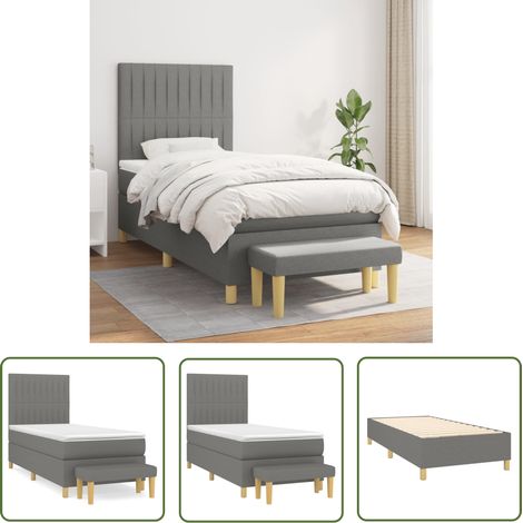 The Living Store Sommier à lattes de lit avec matelas Gris foncé 90x200 cm Tissu - Lit Plateforme - Lit Double - Matelas À Ressorts Ensachés - Têted Lit Ajustable - Banc Rangement (1/5)