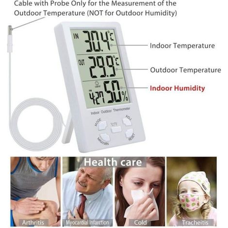 Thermomètre hygromètre numérique - - LCD - Sonde externe - Intérieur et extérieur - Température -10℃ à +50℃ (1/4)
