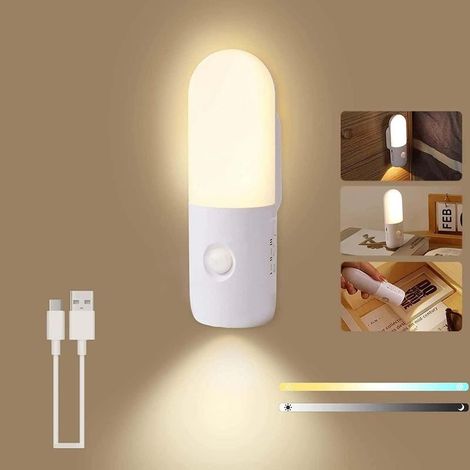 Lampe Murale Sans Fil Rechargeable Détecteur de Mouvement Applique Murale Intérieur Dimmable Appliques LED a Pile avec Interrupteur USB Veilleuse Batterie Eclairage Mural Chambre Escaliers (1/5)