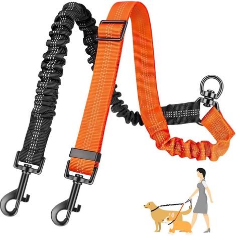 Guinzaglio doppio 2 in 1 per cani, con divisore elastico regolabile e ammortizzante (nero/arancione) (1/5)