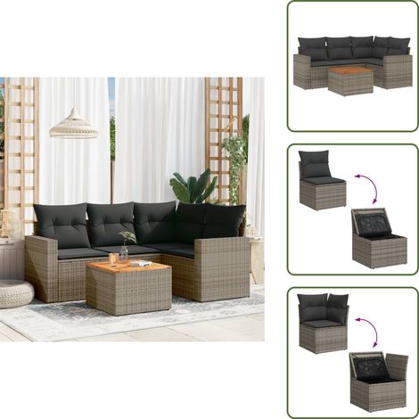 The Living Store 5-tlg. Garten-Sofagarnitur mit Kissen Grau Poly Rattan - Gartenmöbel Set - Lounge Möbel - Rattan Gartenmöbel - Outdoor Möbel - Esstisch Set (1/5)
