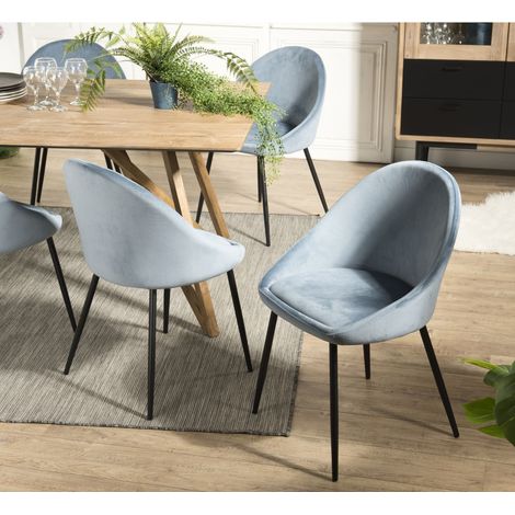 TOM - Lot de 2 chaises tissu velours bleu pieds métal noir (1/5)
