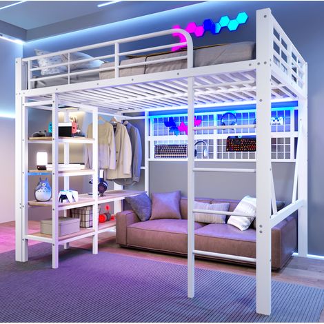 Letto a soppalco in metallo bianco 140x200 cm con LED, ripiano, rete portaoggetti e barra appendiabiti (1/5)