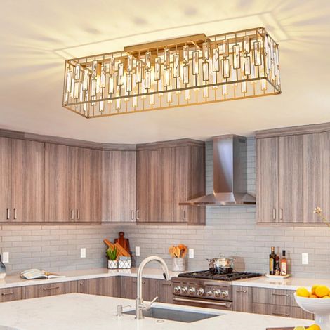 Ganeed 38.7 inch Gold Crystal Chandelier, 6-Light Rectangle Flush Mount Ceiling Light,Kitchen Chandeliers Over Table, Modern Chandeliers for Dining Room, Living Room (1/5)