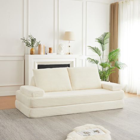 Sofá cama modular de 2 plazas con respaldos triangulares desmontables, tapizado en tejido de pana y espuma de alta densidad, 211 cm, Beige (1/5)
