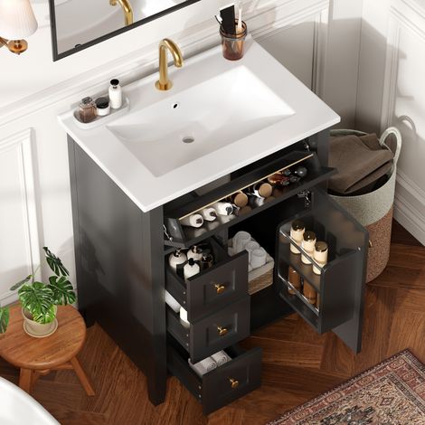 MODFU – Mobile sotto lavabo 61x47x86 cm in MDF/ceramica con lavabo, cassetto a ribalta, 3 cassetti, finitura lucida e carico 45 kg – Nero lucido (1/5)