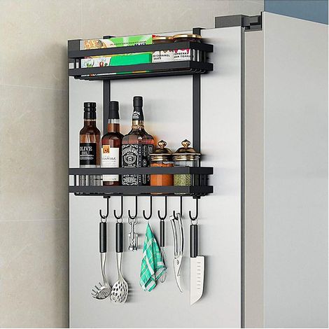 etagre Rfrigrateur, Meuble Cuisine Rangement Frigo Etagere Epices, 2 Couches Tagre Pices Avec 7 Crochets,support De Rangement Pour Cuisine Sans P (1/5)