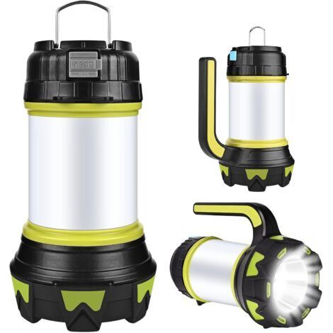 Lanterne de camping, lampe LED rechargeable par USB, intensité réglable, étanche IP65, lampe torche portable multifonctionnelle avec aimant et batterie externe (verte). (1/5)