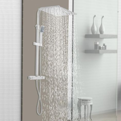 Duschsystem mit Thermostat und Chrom, Duscharmatur Komplettset mit Regendusche, 2 Strahlarten, Duschset Regendusche