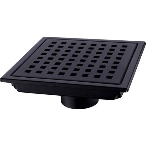 Siphon de douche carré 15x15 cm – Acier inoxydable plaqué noir – Grille amovible – Sortie inférieure 5,1 cm pour haut débit (1/5)