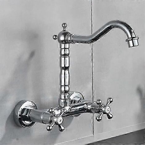 Robinet mural pour salle de bain et cuisine, à deux poignées, finition laiton antique, pour eau chaude et froide, avec long bec (1/5)