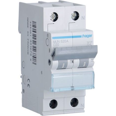 HAGER MUN520A  Interruptor automático 1P+N 20A curva-C 6kA