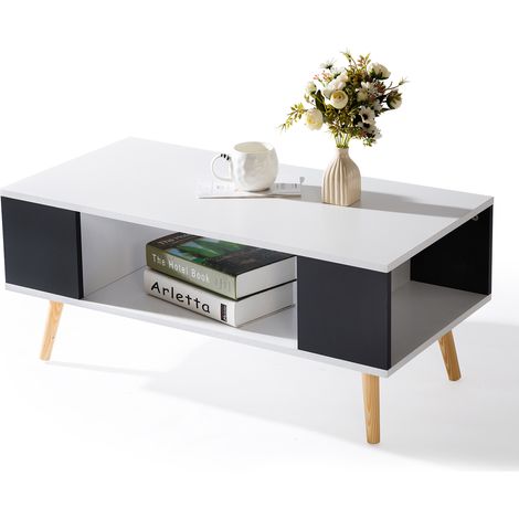 Hobag – Table basse relevable scandinave en bois blanc et gris – Dimensions 90x45x38,7 cm – 2 caissons de rangement – Pieds en pin (1/3)