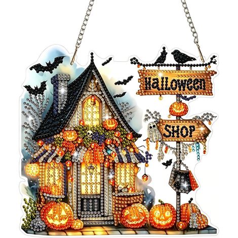 Halloween Diamant Malerei Set Kürbishaus Fensterbild zum Aufhängen