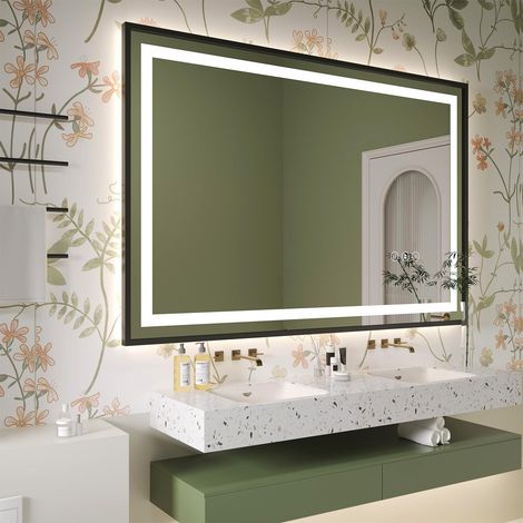 Miroir de salle de bain, avec lumière, cadre en métal, fonction mémoire, interrupteur tactile, intensité variable, 3 couleurs de lumière, réglable, anti-buée, 120 x 80 cm (1/5)