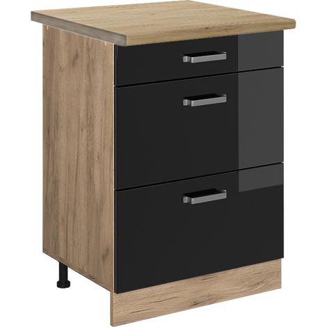 Meuble cuisine R-Line, Noir Haute brillance, 60 cm avec tiroirs, PT Chêne, Vicco