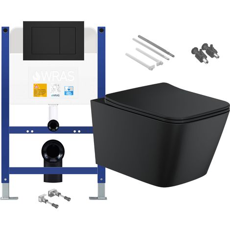 Matt Black Rimless Square Wall Hung Toilet with Low Height 0.75m Concealed Cistern Frame Set (1/4)