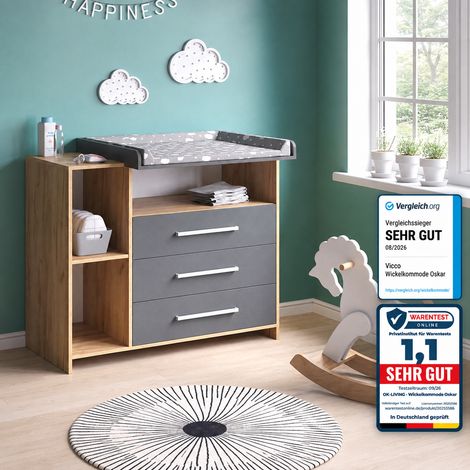 Wickelkommode Oskar, Anthrazit/Goldkraft Eiche, 113 x 93 cm mit 3 Schubladen, Vicco