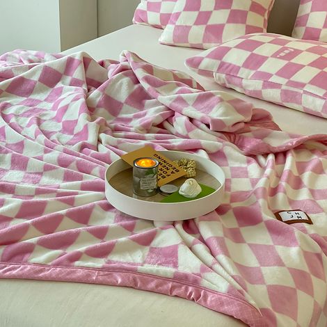 Couverture Vintage à Carreaux Douce - Plaid Chaud d'Hiver en Polaire pour Canapé, 150x200 cm Rose Bébé (1/5)