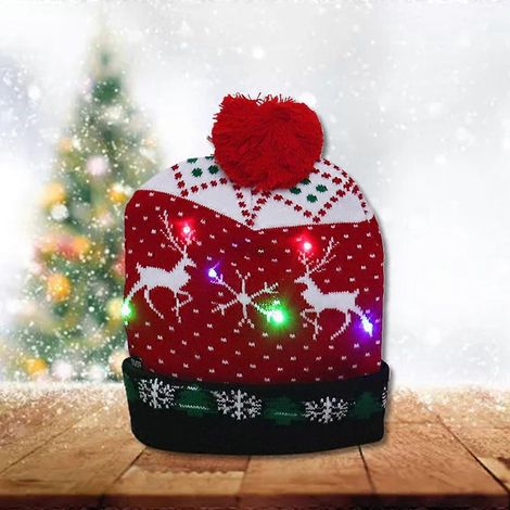Bonnet de Noël lumineux à LED, tricoté, avec lumières colorées, motif élan, bonnet moche et décoration (1/4)