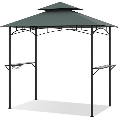 Avec 2 Étagères et 7 Crochets Tonnelle Barbecue Double Toit pour Cuisson en Plein Air Structure Métal Grise (1/5)