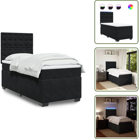 Sommier à lattes de lit avec matelas Noir 100x200 cm Velours - Lit Double - Lit Design - Lit Moderne - Lit Velours - Lit Avec Éclairage Led (1/5)