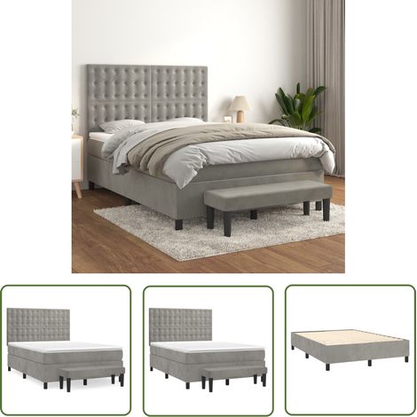The Living Store Sommier à lattes de lit et matelas Gris clair 140x200cm Velours - Lit Plateforme - Lit Velours - Lit Double - Lit Design - Literie (1/5)