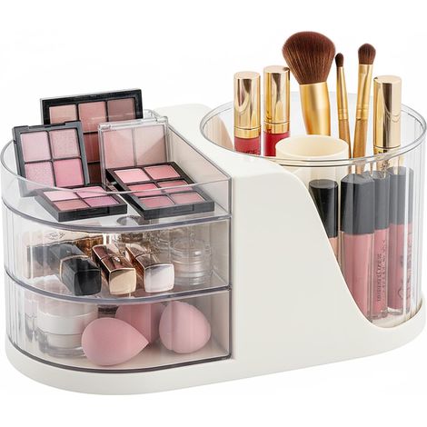 2-in-1 Make-up-Organizer mit 360° drehbarem Pinselhalter, Make-up-Organizer mit 2 Schubladen, weiße Kosmetikaufbewahrungsbox (1/5)