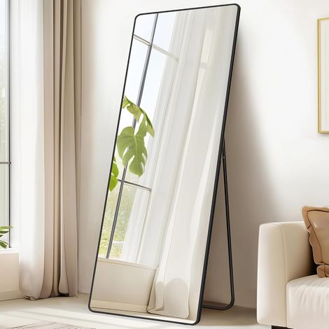 Miroir Intégral, 165 x 50 cm, Miroir Rectangulaire sur Pied, à Poser au Sol, Cadre en Alliage d’Aluminium, Verre Trempé, pour Chambre, Salon, Dressing, Noir d’Encre (1/5)
