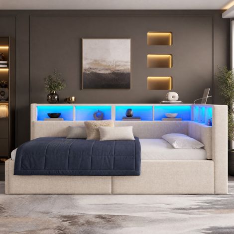 Divano letto 90x200 cm con LED multicolore, porte USB e Type-C, contenitore idraulico, lino beige (1/5)