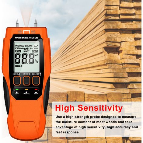 Testeur d'humidité numérique pour bois avec écran LCD rétroéclairé et détecteur de contenu pour bâtiments (1/5)