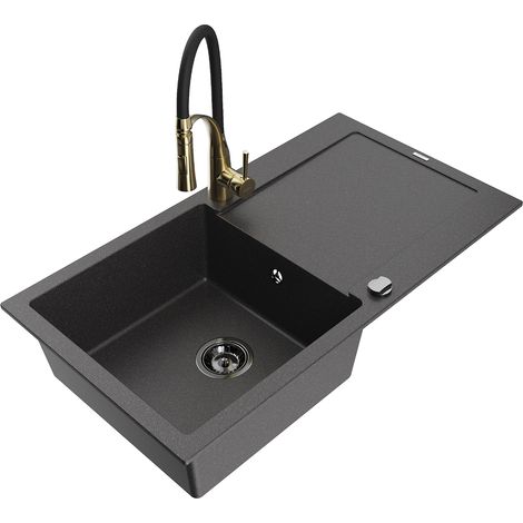 Mexen Leo lavello in granito 1-vasca con scolapiatti e miscelatore cucina Aster, nero maculato - 6501-76-73450-57-B (1/5)