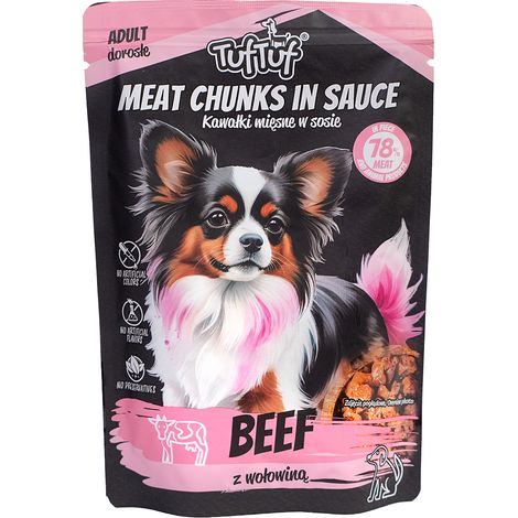 Comida húmeda para perros TufTuf sabor carne de res, bolsa de 100 g, trozos picados. (1/2)