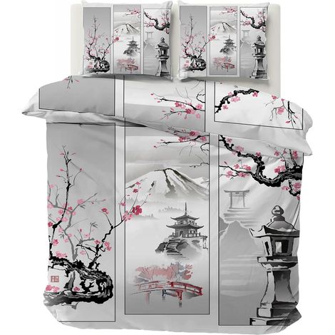 Housse de Couette 220x240 Japonais Parure de Lit Adulte Réversible avec Fermeture Éclair, Housse de Couette 2 Personnes Imprimée Mont Fuji Fleur de Cerisier et 2 Taie d'oreiller 65x65 cm (1/5)