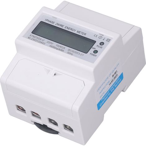 Compteur d'énergie sur rail DIN, voltmètre, ampèremètre, monophasé 4 pôles, numérique LCD, 35 mm, 220 V CC, 10 (40) A (1/5)