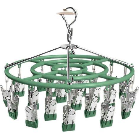 Étendoir à Linge en métal avec 24 Clips, Etendoir Chaussette,Tourniquet à Chaussettes pour sous-Vêtements, pivotant Coupe-Vent accroche-Chaussettes, Vert (1/5)