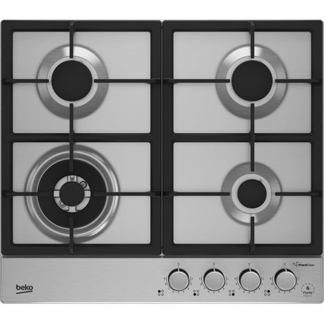 Beko HIAW64226SXE Table de cuisson au gaz 4 feux avec Wok 60 cm Acier Inox encastrable