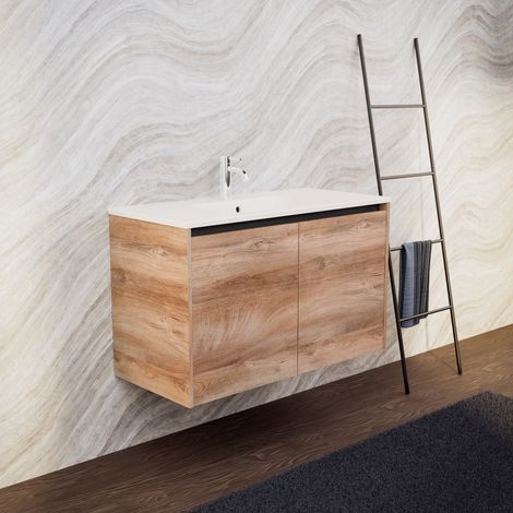 Inda - Badezimmerschrank B.100 mit mattiertem Waschbecken / Natureiche 2 Türen - Saphir (1/5)