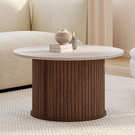 JULIETTE Mesa de centro redonda de 70 cm con tablillas efecto nogal y tablero de travertino