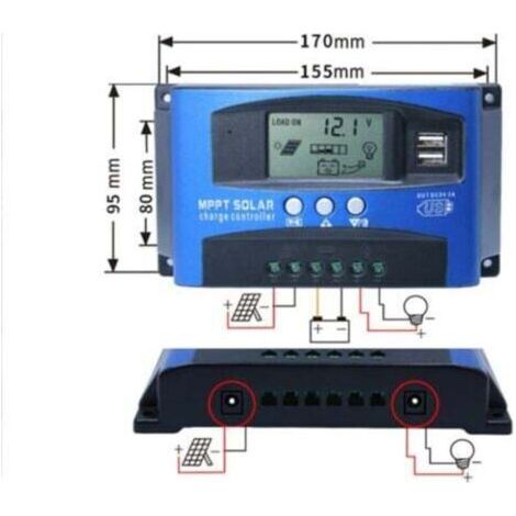 Contrôleur de charge solaire MPPT 40A, régulateur de batterie intelligent de contrôleur de batterie de panneau solaire USB 12V 24V avec écran LCD(40A)