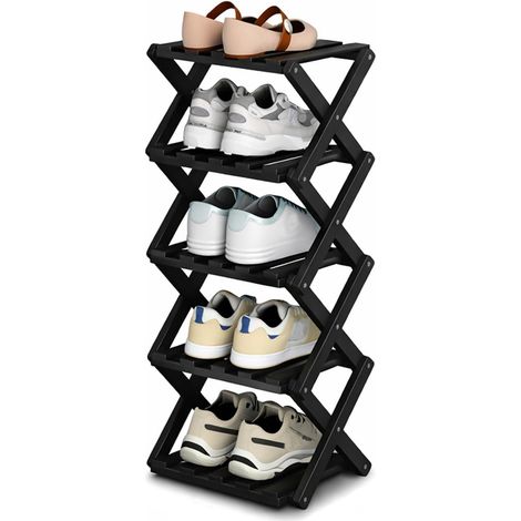 Étagère à chaussures pliable, étroite et compacte, en bambou, pour dortoir, appartement et balcon, 26×26×71cm, Noir (1/5)