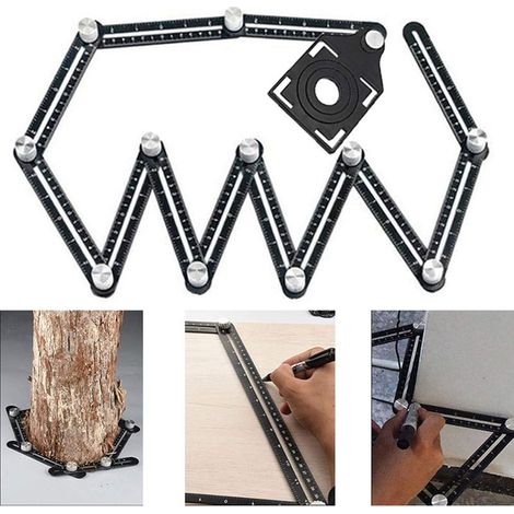 Mehrwinkel-Lineal, 12-seitiges Winkelmessgerät, Fliesenlochmessgerät mit 3 Positionierungsöffnungen, Mehrwinkel-Nivellierwerkzeug/Metall/Schwarz