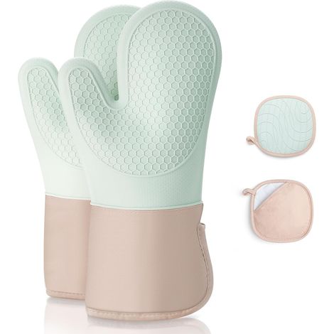 Juego de 4 guantes de cocina antideslizantes y agarraderas, de algodón suave y silicona gruesa, resistentes al calor hasta 350 °C – Verde (1/5)