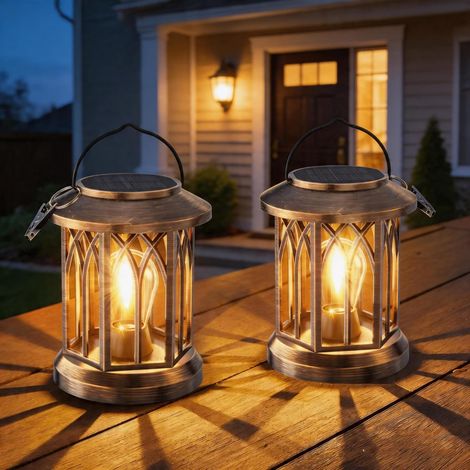 Solar Lights Outdoor Garden, 2 Pack Hexagonal Vintage Solar Lanterns with LED Buld, Clip, 12H Runtime Garden Ornaments Outdoor Lantern Light, Waterproof Decorative Lighting for Table Yard Patio (1/5)