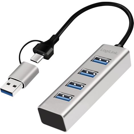 Splitter LogiLink USB 3.0 4x USB-A con cavo 2-in-1 USB-A/USB-C 5Gbs, colore argento